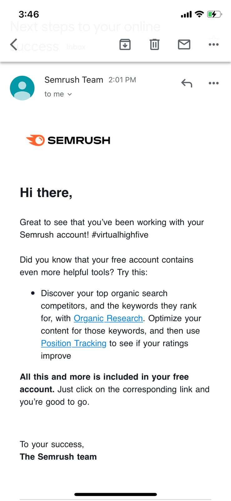 welcome email SemRush welcome email SemRush