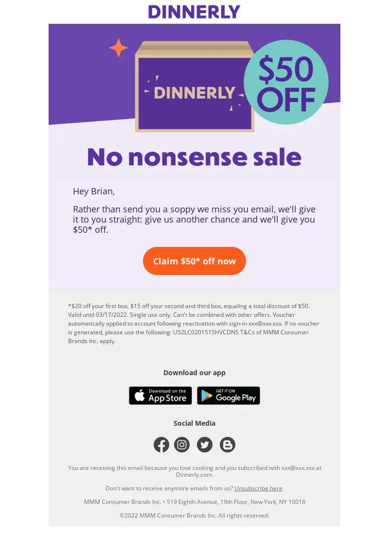 Dinnerly Dinnerly Re engagement Email Example