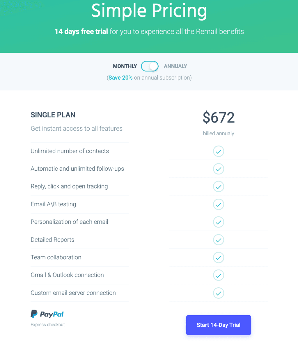 Remail pricing cold email software Remail pricing plan